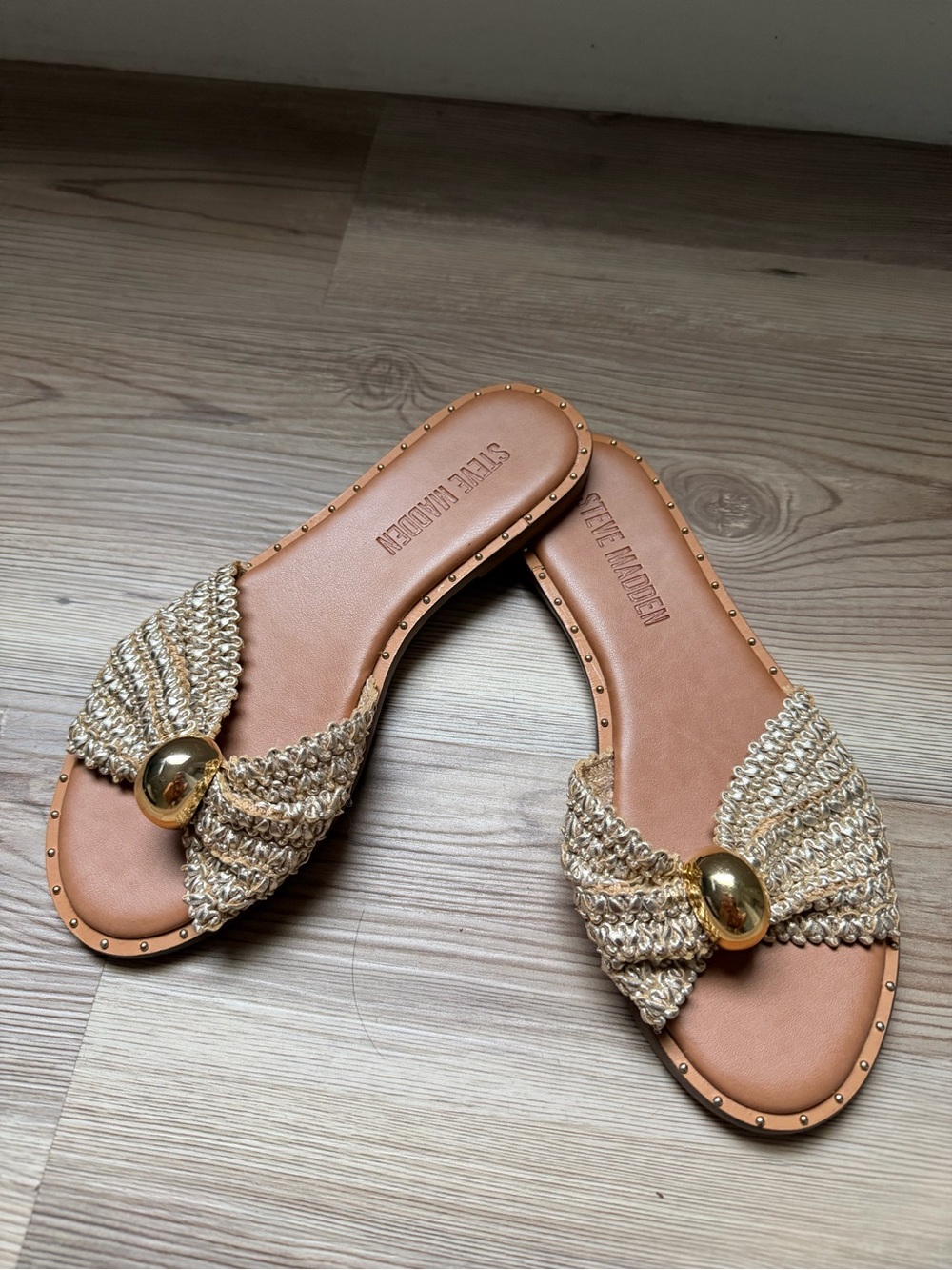 Steve Madden Tan Braided Slide Sandals with Gold Orb